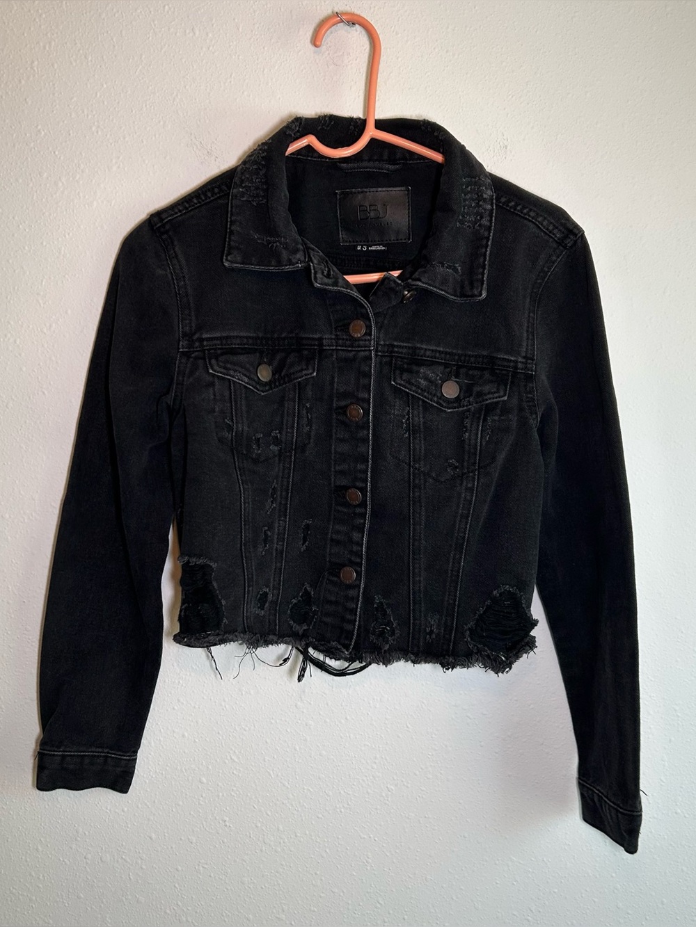 BBJ Los Angeles Black Denim Jacket Distressed Jean Jacket Women’s S Edgy Grunge